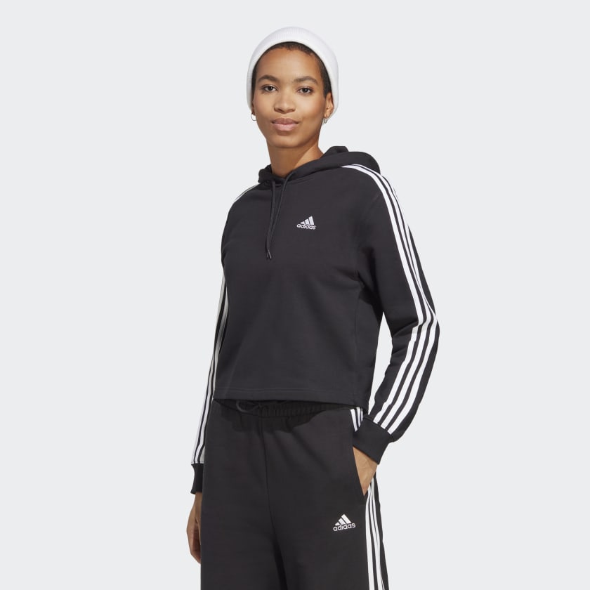 Adidas "Essentials 3-Stripes" French Terry Crop Hoodie - Black